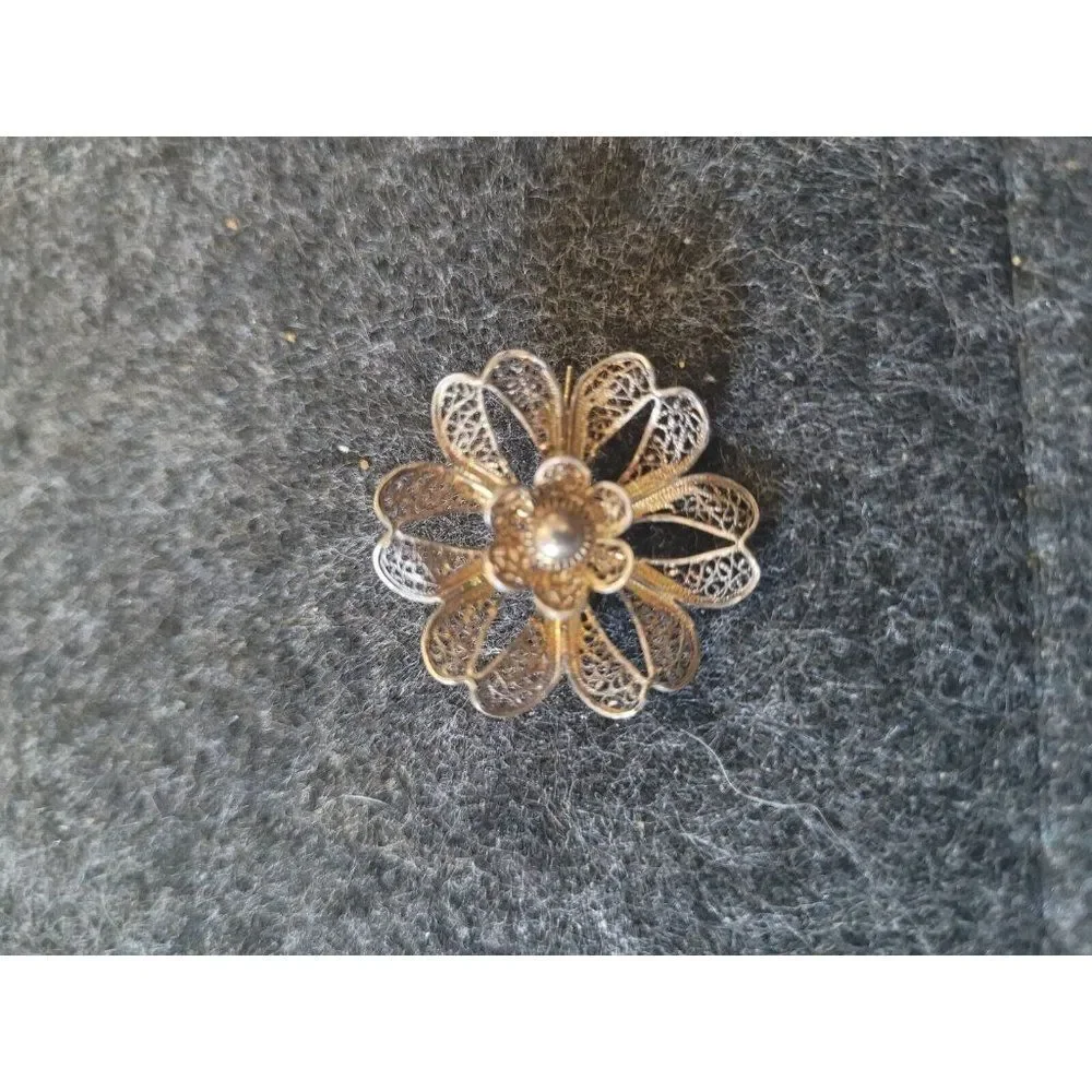 Vintage Sterling Vermeil Filigree Blossom Brooch, Portugal, 1.25